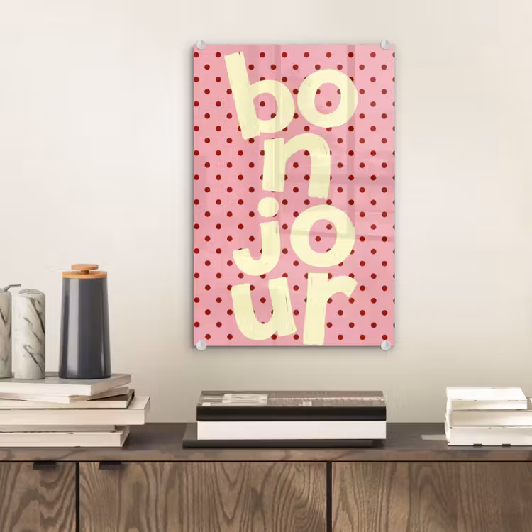 Glas schilderij - Bonjour - Stippen - Roze- Geel — 2