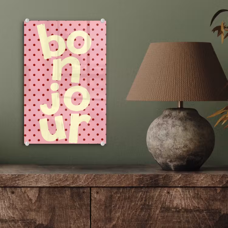 Glas schilderij - Bonjour - Stippen - Roze- Geel — 4