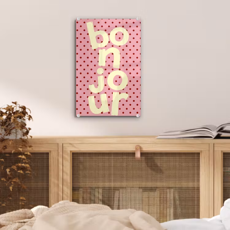 Glas schilderij - Bonjour - Stippen - Roze- Geel — 5