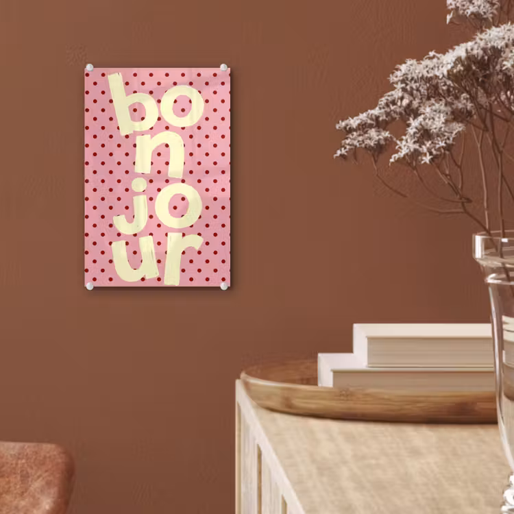 Glas schilderij - Bonjour - Stippen - Roze- Geel — 6