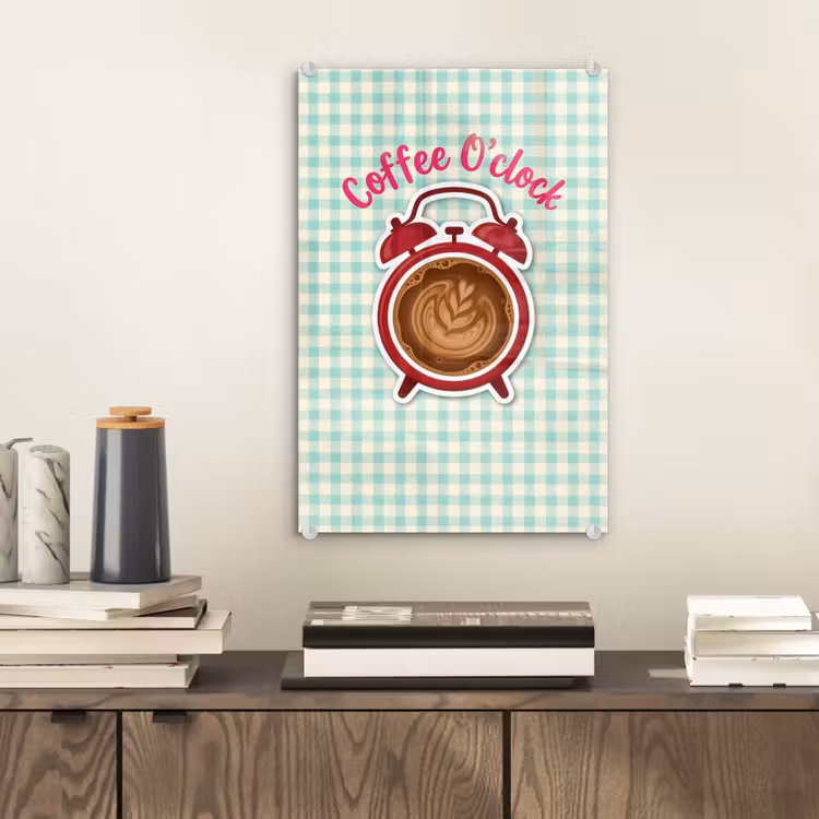 Glas schilderij - Koffie - Klok - Groen — 2