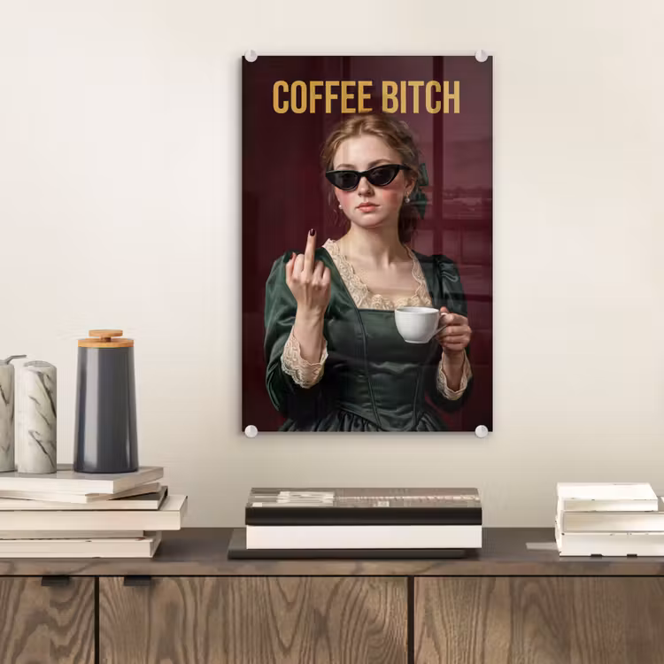 Glas schilderij - Koffie - Vrouw - Middelvinger — 2