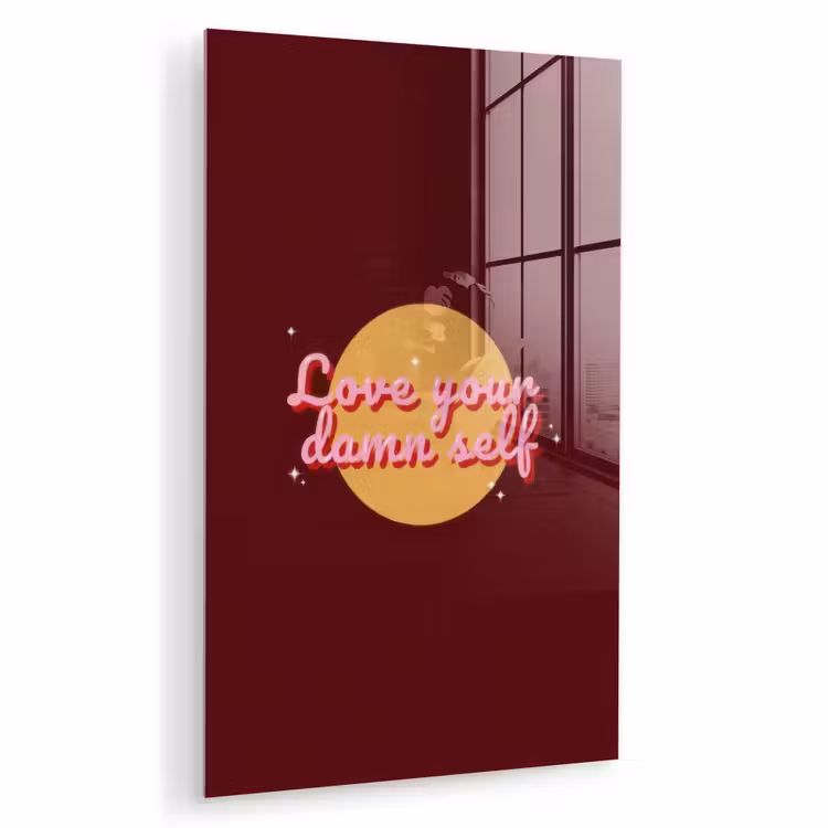 Glas schilderij - love your damn self - Cirkel - Glitter - Rood — 1