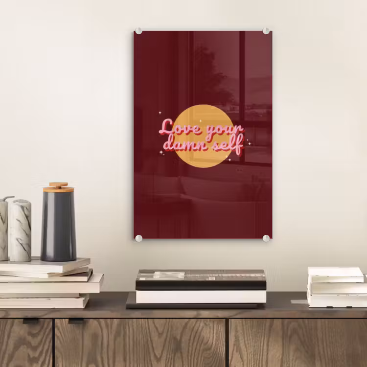 Glas schilderij - love your damn self - Cirkel - Glitter - Rood — 2