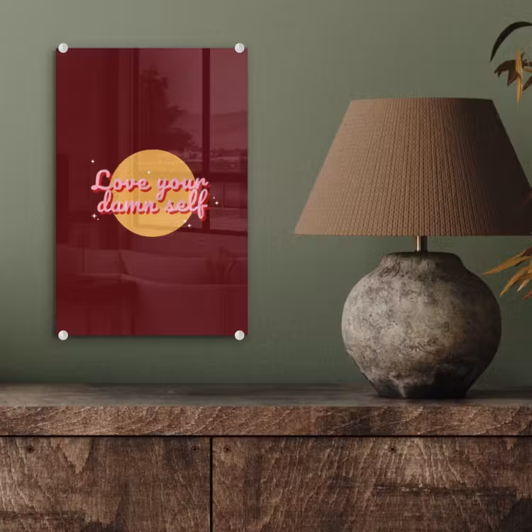 Glas schilderij - love your damn self - Cirkel - Glitter - Rood — 4