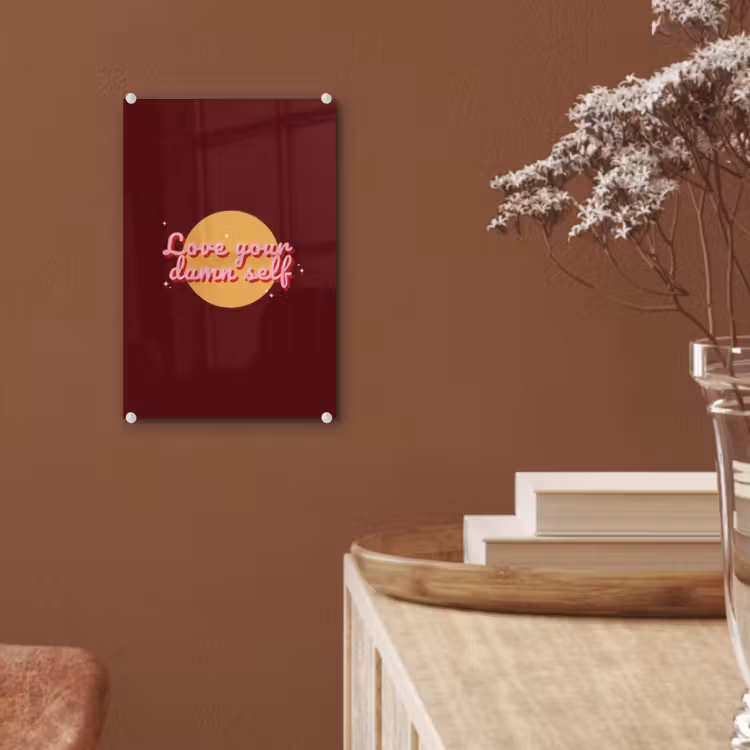 Glas schilderij - love your damn self - Cirkel - Glitter - Rood — 6