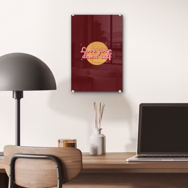 Glas schilderij - love your damn self - Cirkel - Glitter - Rood — 7