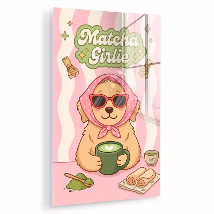 Glas schilderij - Matcha - Hond - Roze - Groen — 1