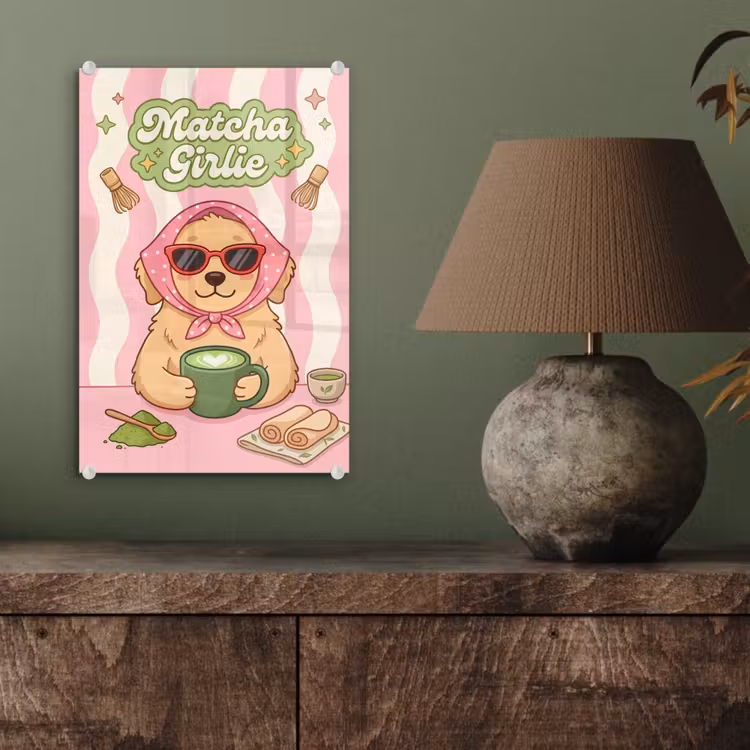 Glas schilderij - Matcha - Hond - Roze - Groen — 4