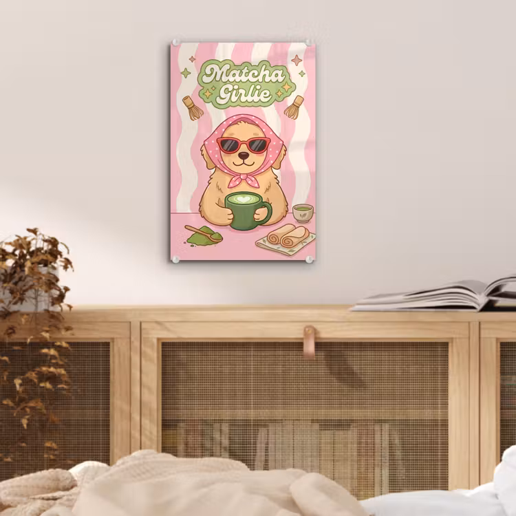 Glas schilderij - Matcha - Hond - Roze - Groen — 5