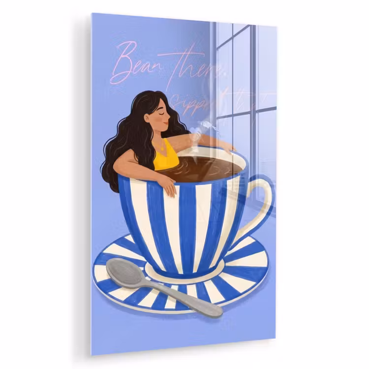 Glas schilderij - Mok - Koffie - Vrouw - Paars — 1