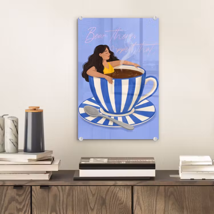 Glas schilderij - Mok - Koffie - Vrouw - Paars — 2