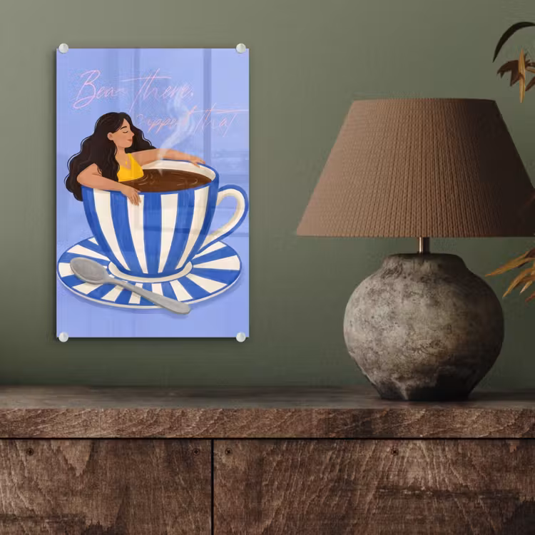 Glas schilderij - Mok - Koffie - Vrouw - Paars — 4