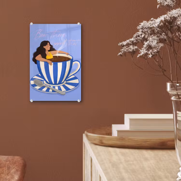Glas schilderij - Mok - Koffie - Vrouw - Paars — 6
