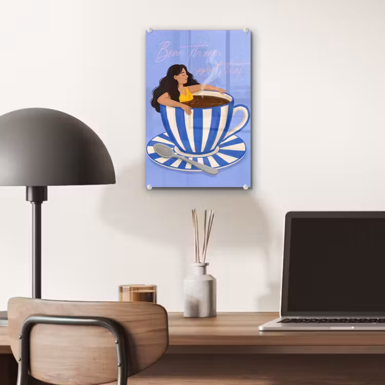 Glas schilderij - Mok - Koffie - Vrouw - Paars — 7