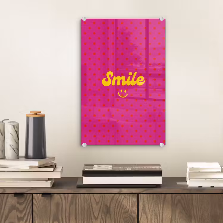 Glas schilderij - Smile - Stippen - Geel - Smiley - Roze — 2