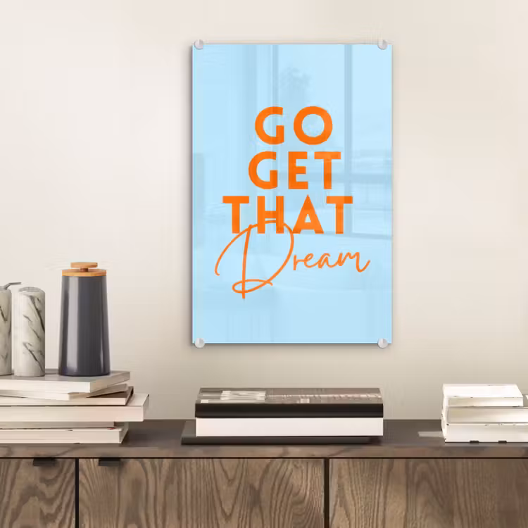 Glas schilderij - Blauw - Oranje - Tekst — 2
