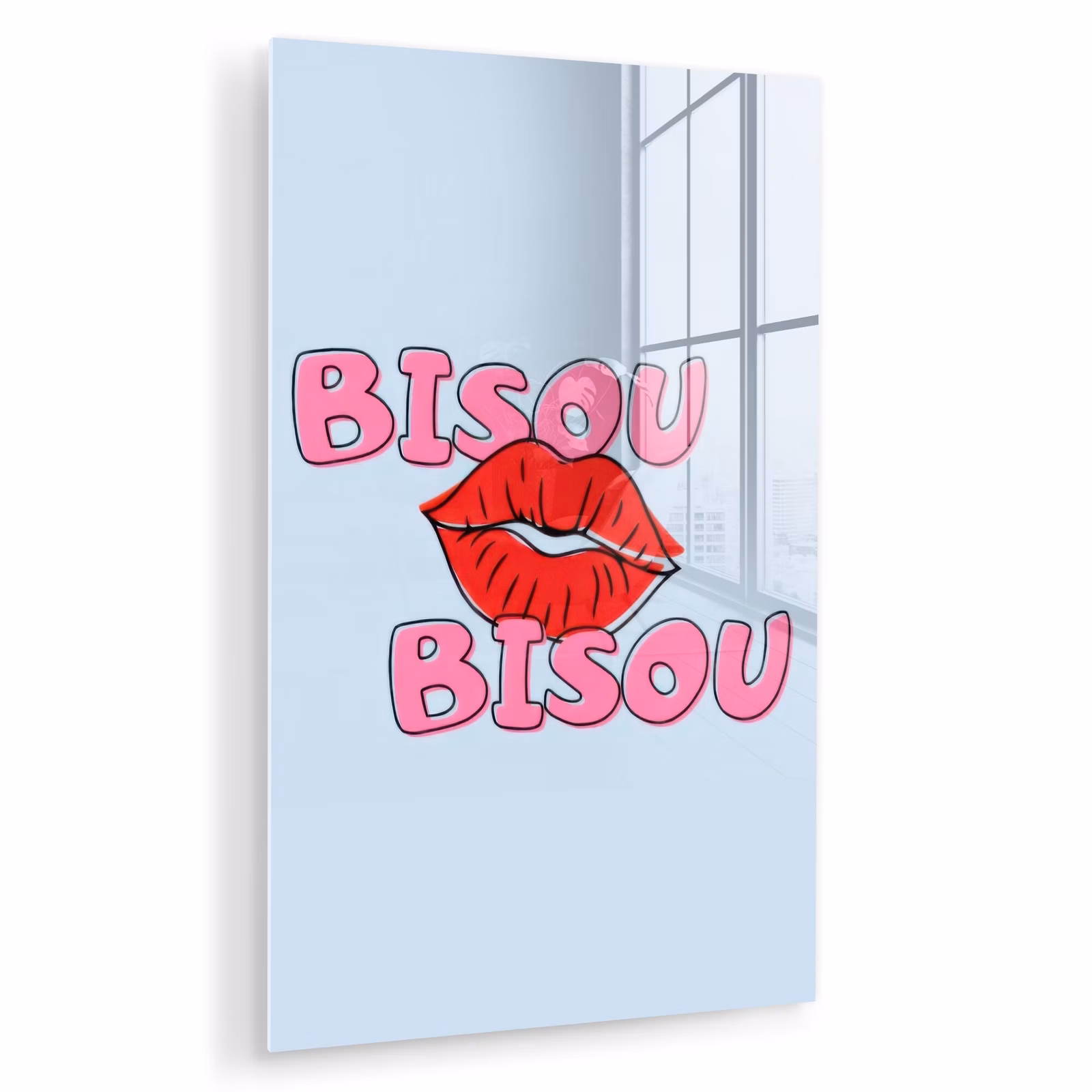 Glas schilderij - Bisou - Blauw - Roze - Lippen — 1