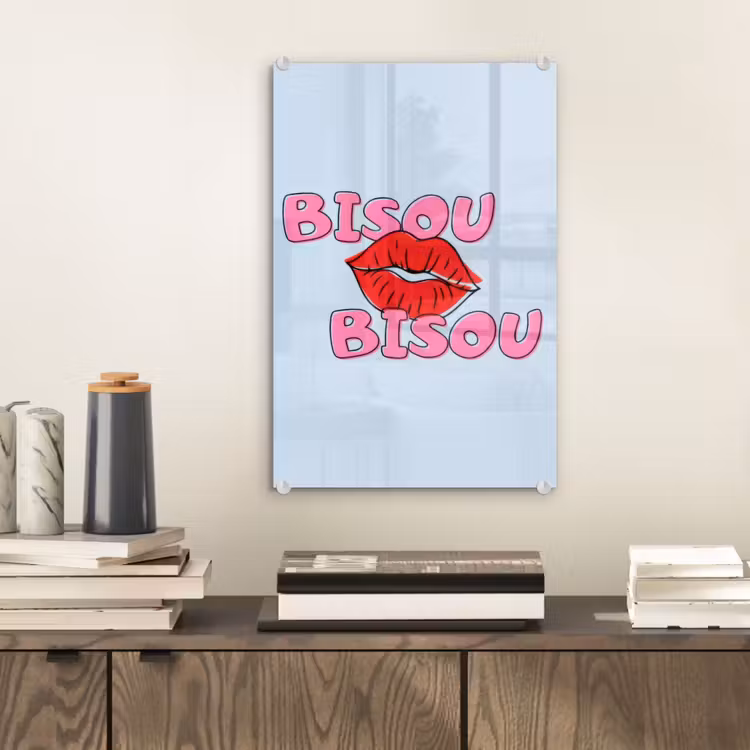 Glas schilderij - Bisou - Blauw - Roze - Lippen — 2