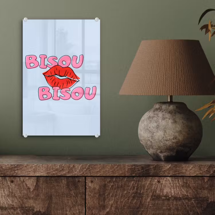 Glas schilderij - Bisou - Blauw - Roze - Lippen — 4