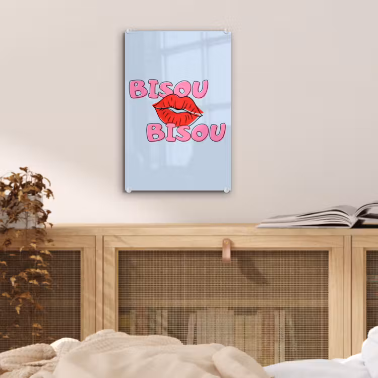 Glas schilderij - Bisou - Blauw - Roze - Lippen — 5