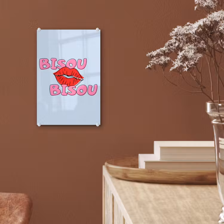 Glas schilderij - Bisou - Blauw - Roze - Lippen — 6