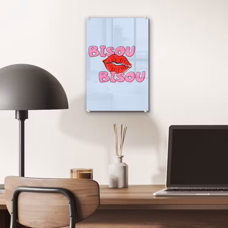 Glas schilderij - Bisou - Blauw - Roze - Lippen — 7