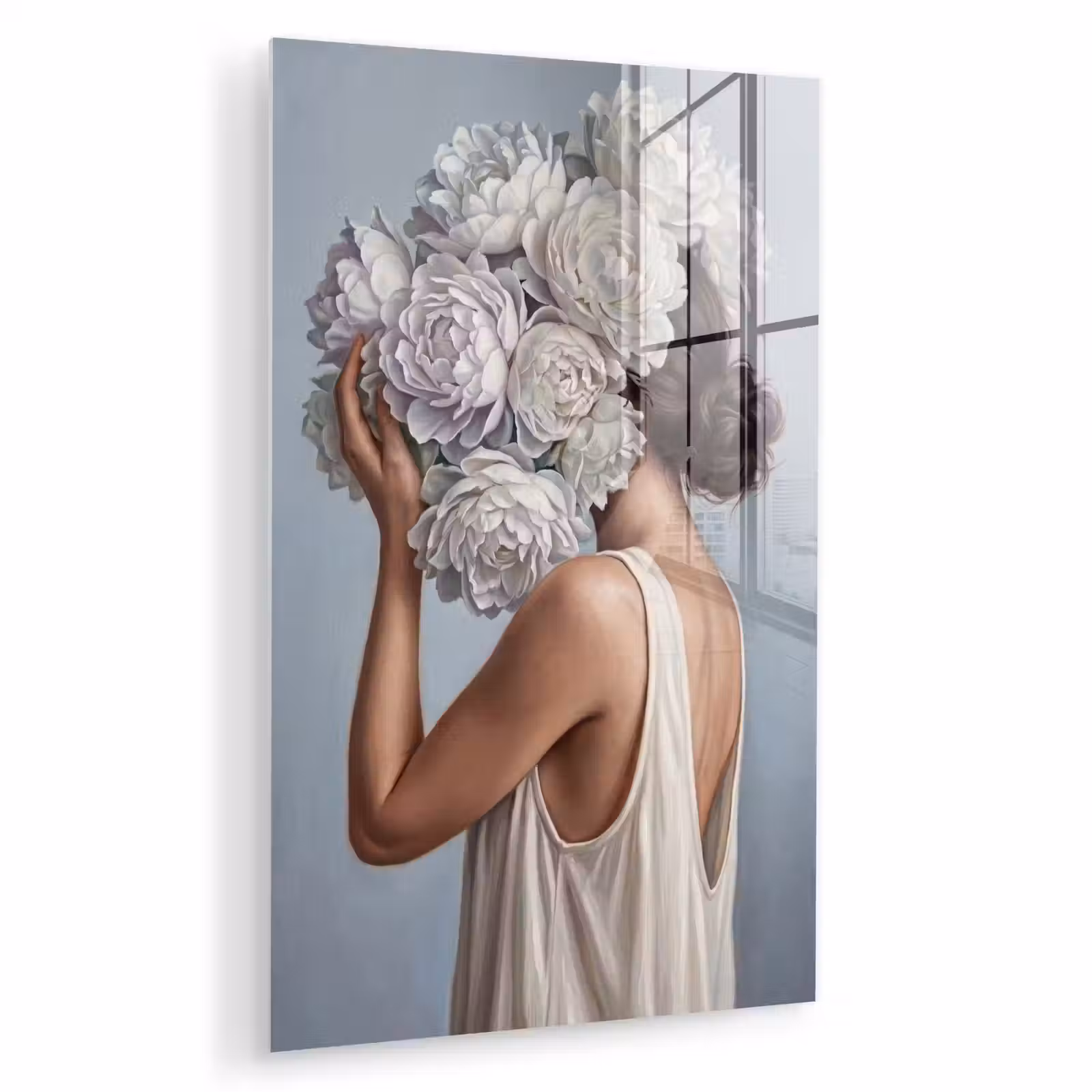 Glas schilderij - Bloemen - Vrouw - Wit — 1