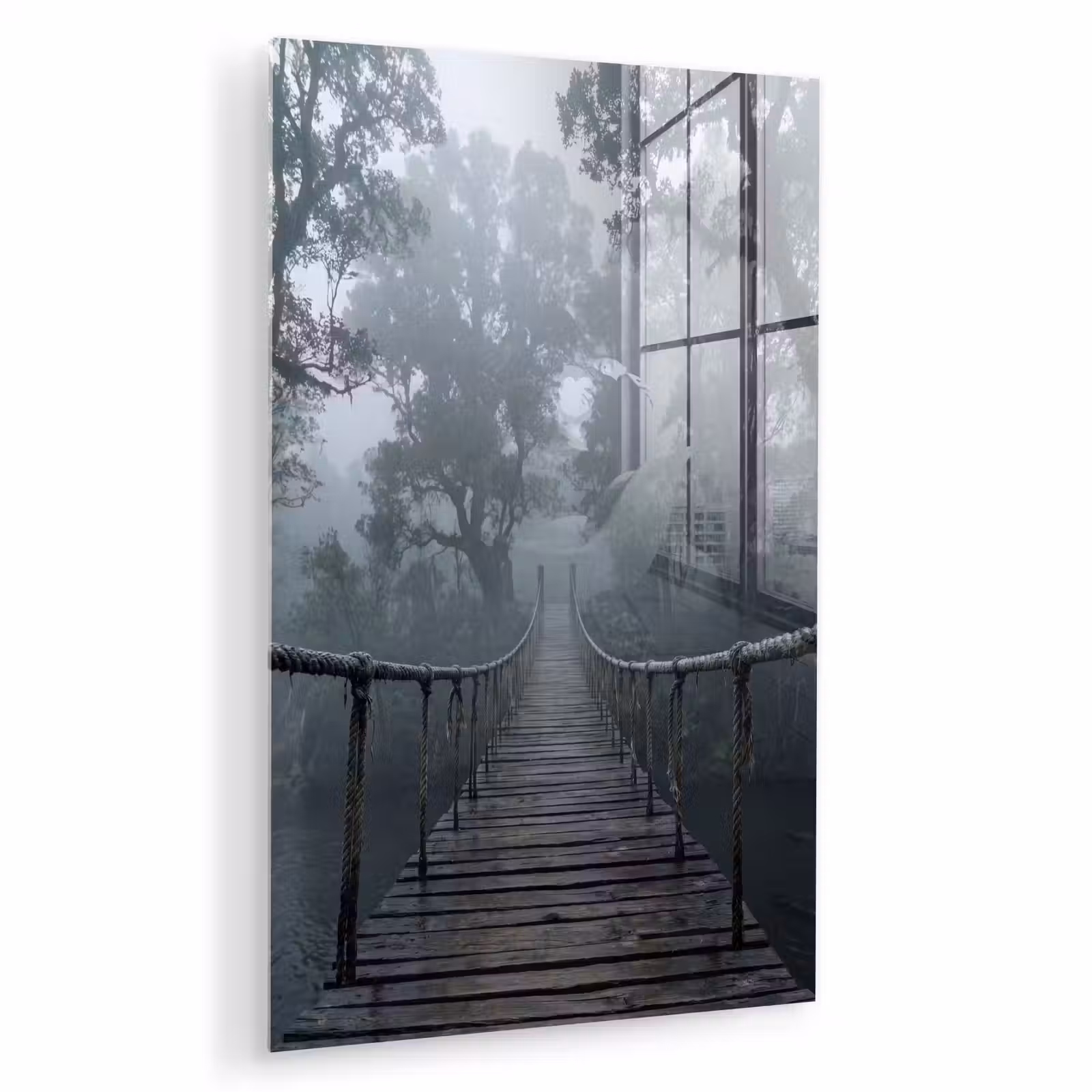 Glas schilderij - Brug - Jungle - Mist - Natuur — 1