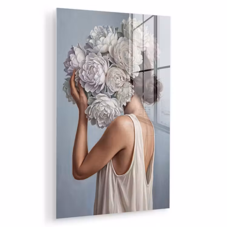 Glas schilderij - Bloemen - Vrouw - Wit — 1