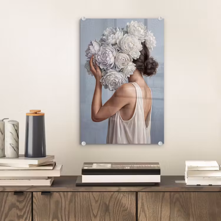 Glas schilderij - Bloemen - Vrouw - Wit — 2