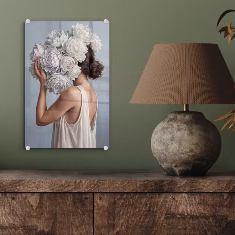 Glas schilderij - Bloemen - Vrouw - Wit — 4