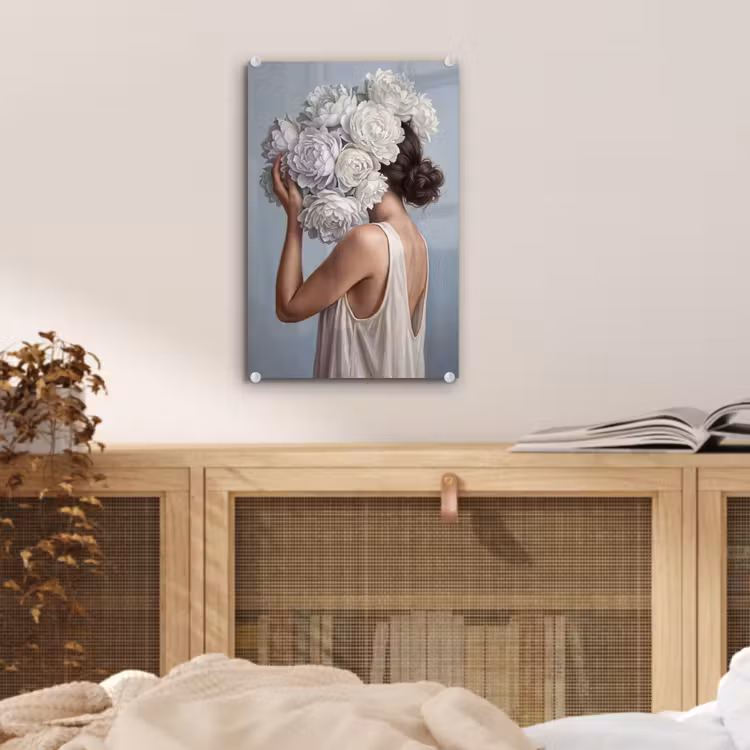 Glas schilderij - Bloemen - Vrouw - Wit — 5