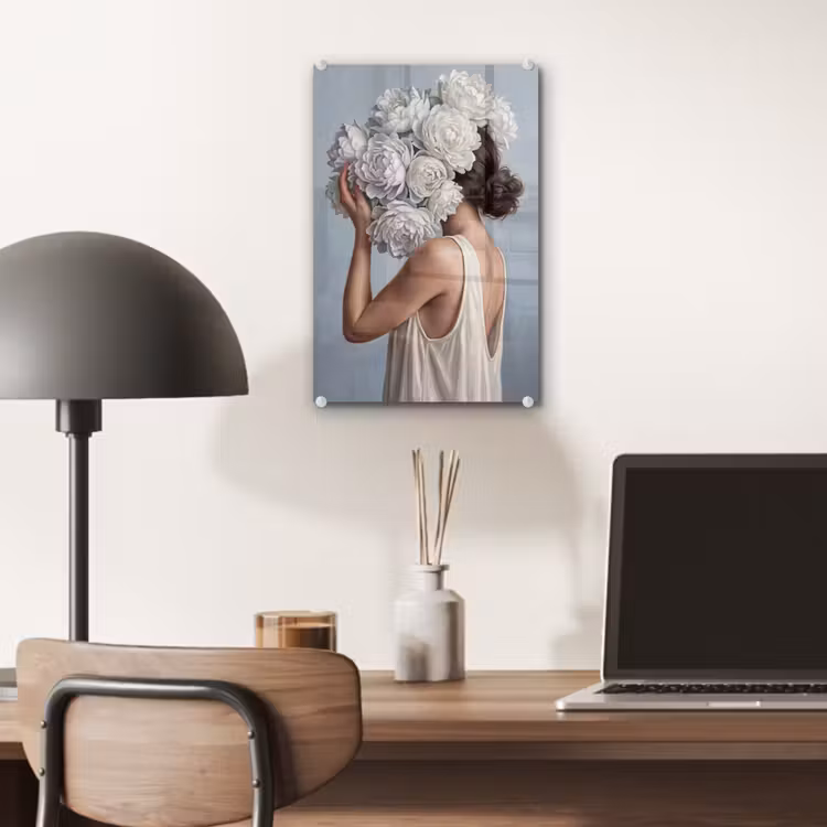 Glas schilderij - Bloemen - Vrouw - Wit — 7