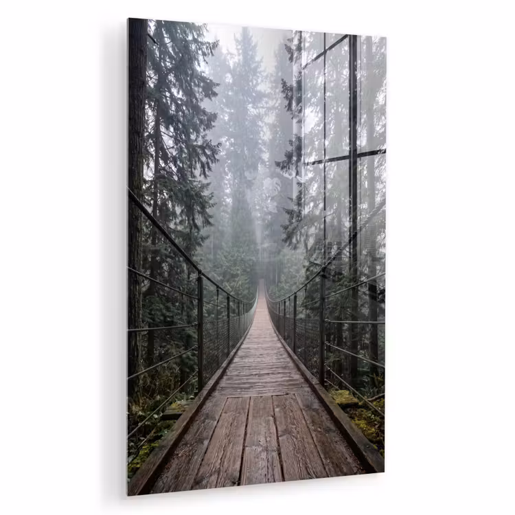 Glas schilderij - Brug - Bos - Mist - Natuur — 1