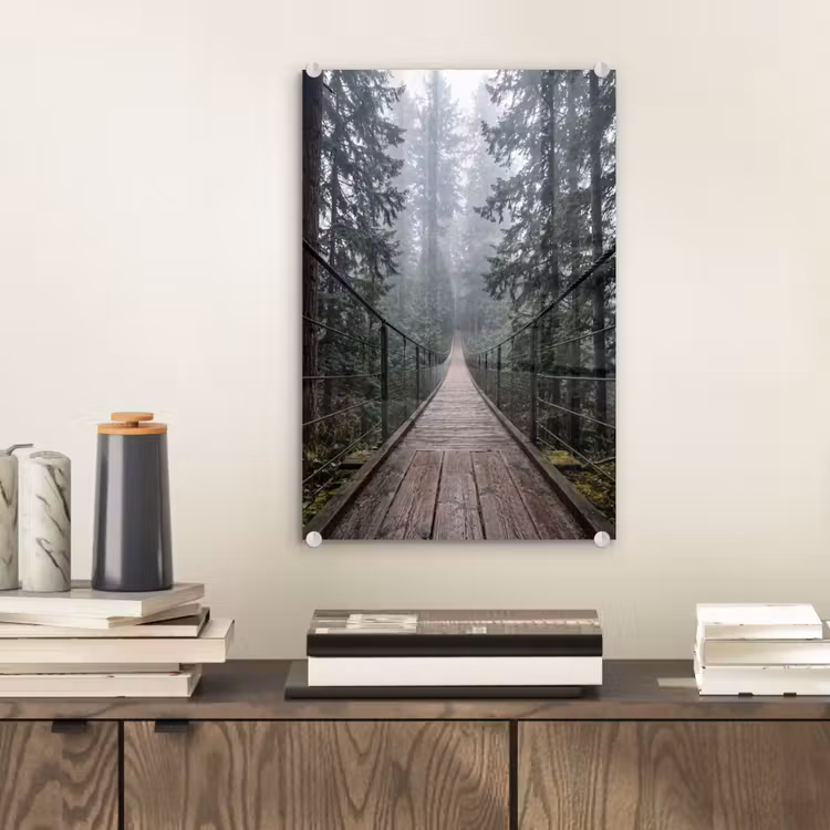 Glas schilderij - Brug - Bos - Mist - Natuur — 2