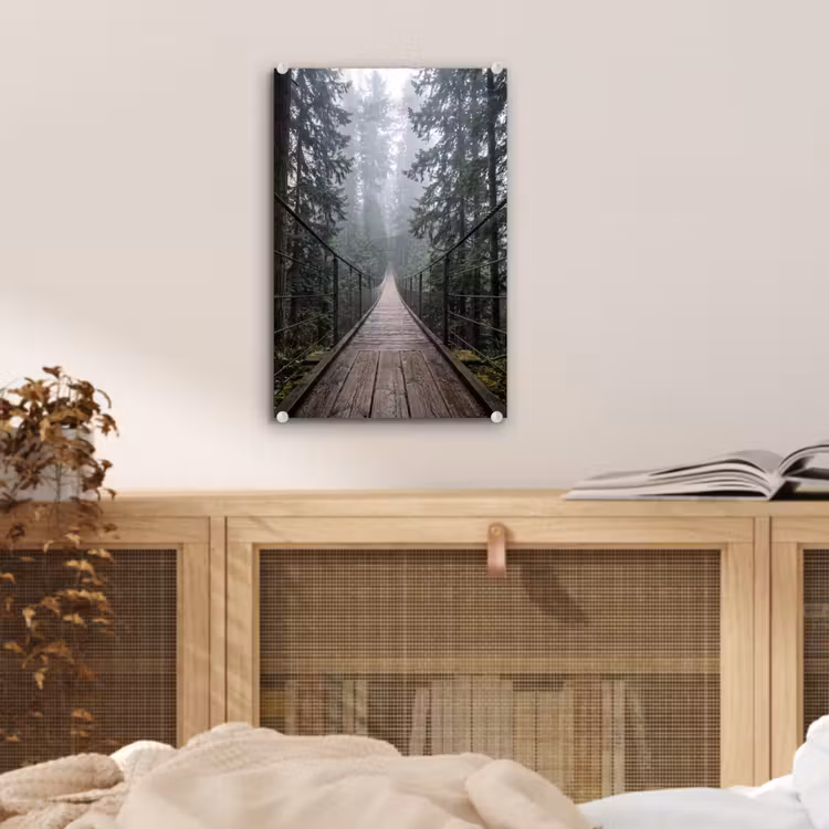 Glas schilderij - Brug - Bos - Mist - Natuur — 5