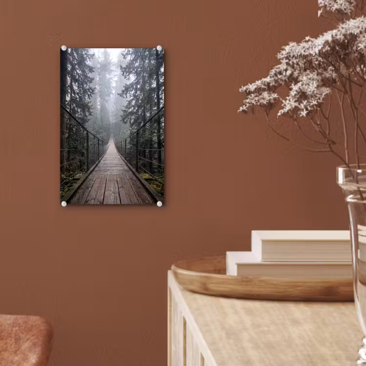 Glas schilderij - Brug - Bos - Mist - Natuur — 6