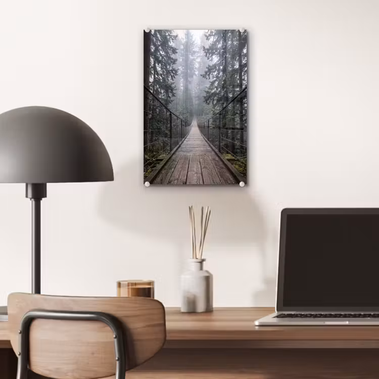 Glas schilderij - Brug - Bos - Mist - Natuur — 7