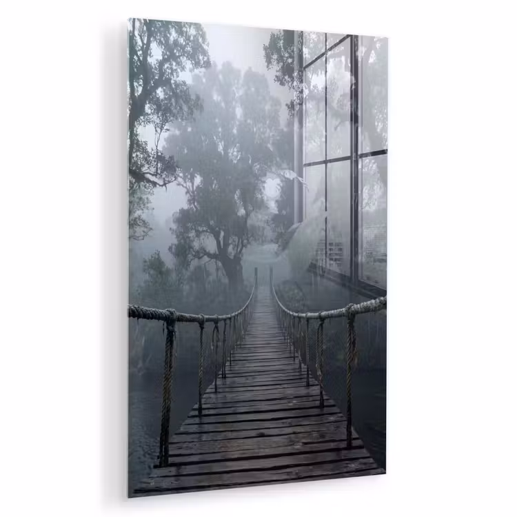 Glas schilderij - Brug - Jungle - Mist - Natuur — 1
