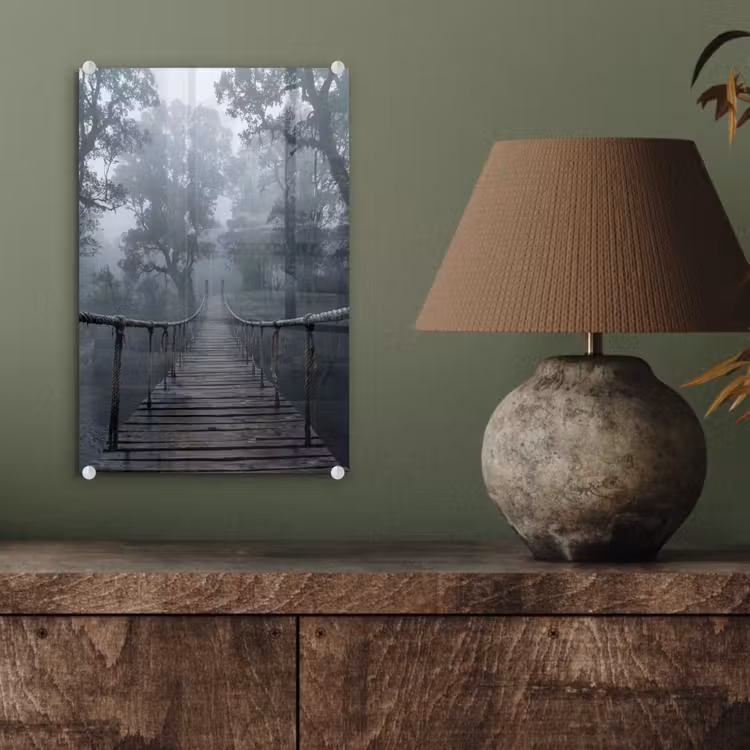 Glas schilderij - Brug - Jungle - Mist - Natuur — 4