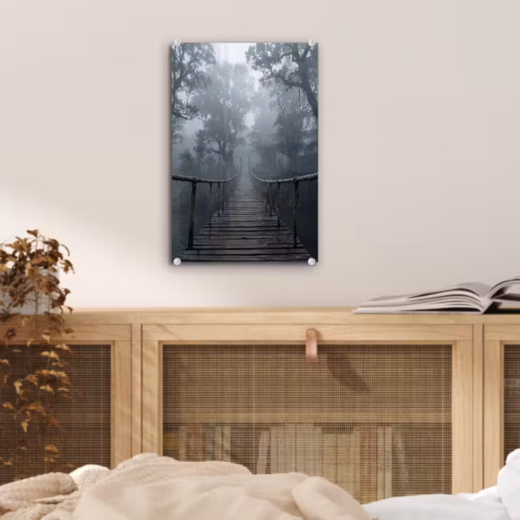 Glas schilderij - Brug - Jungle - Mist - Natuur — 5