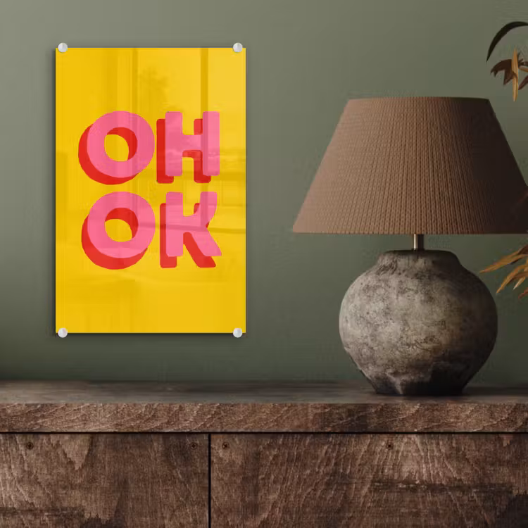 Glas schilderij - Oh ok - 3D - Geel - Roze — 4