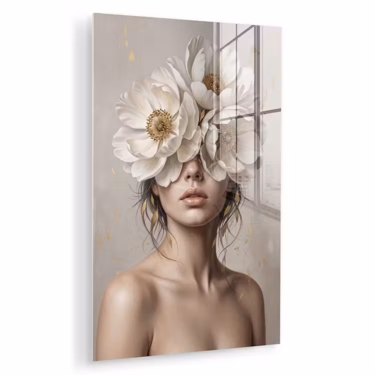 Glas schilderij - Vrouw - Pioenroos - Wit — 1