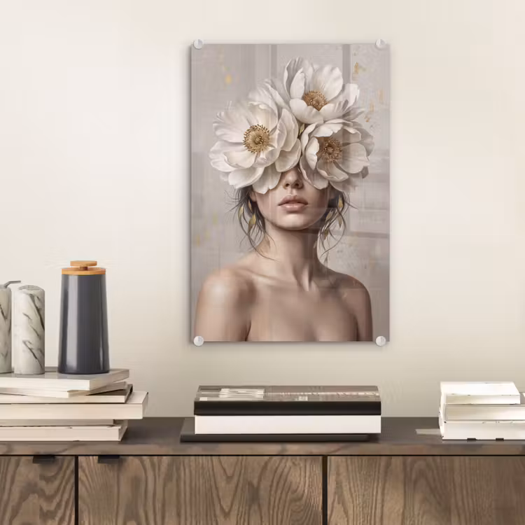 Glas schilderij - Vrouw - Pioenroos - Wit — 2