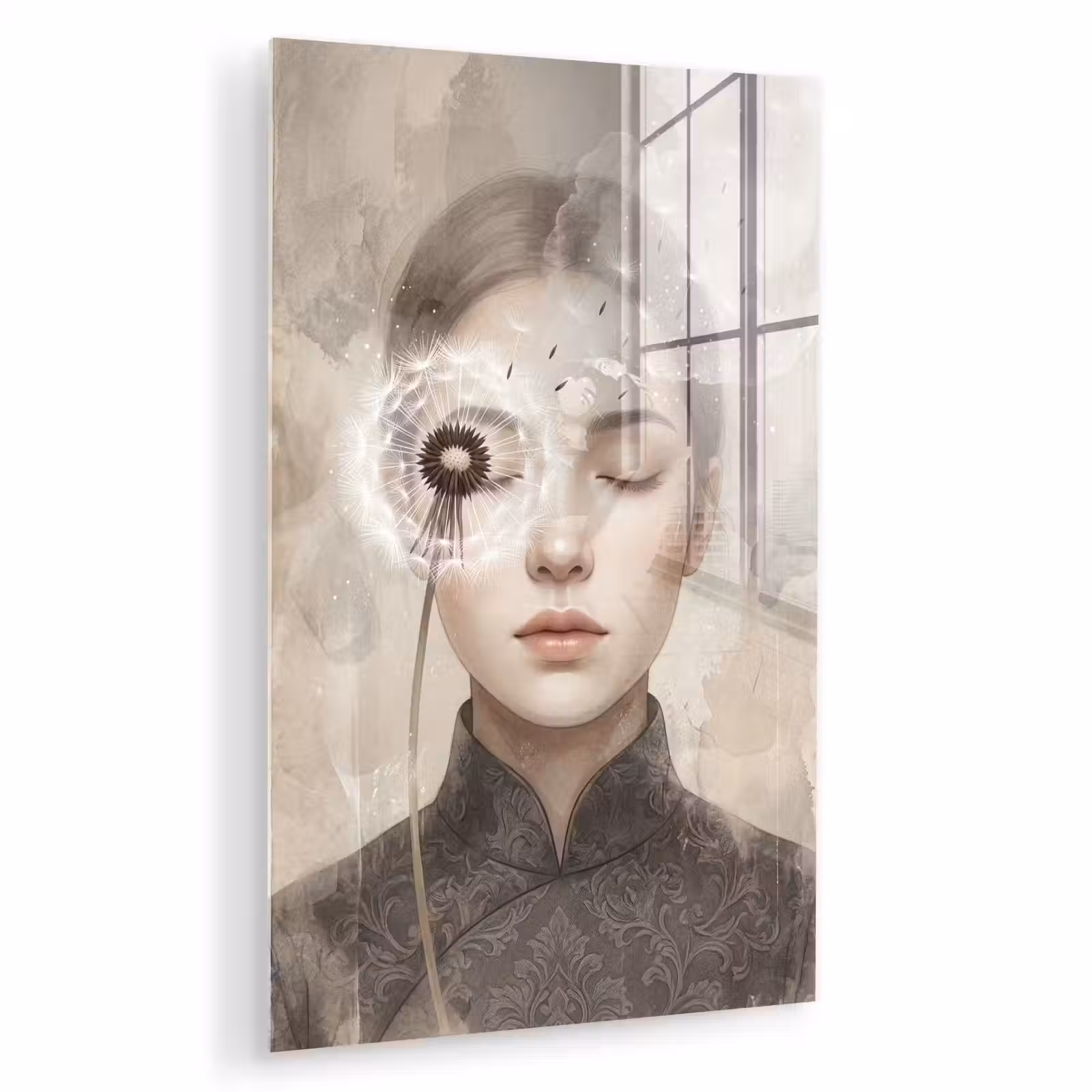 Glas schilderij - Vrouw - Sereen - Grijs — 1