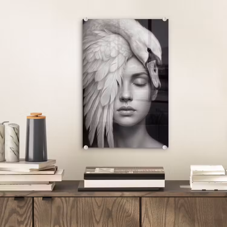 Glas schilderij - Portret - Zwaan - Zwart - Wit — 2