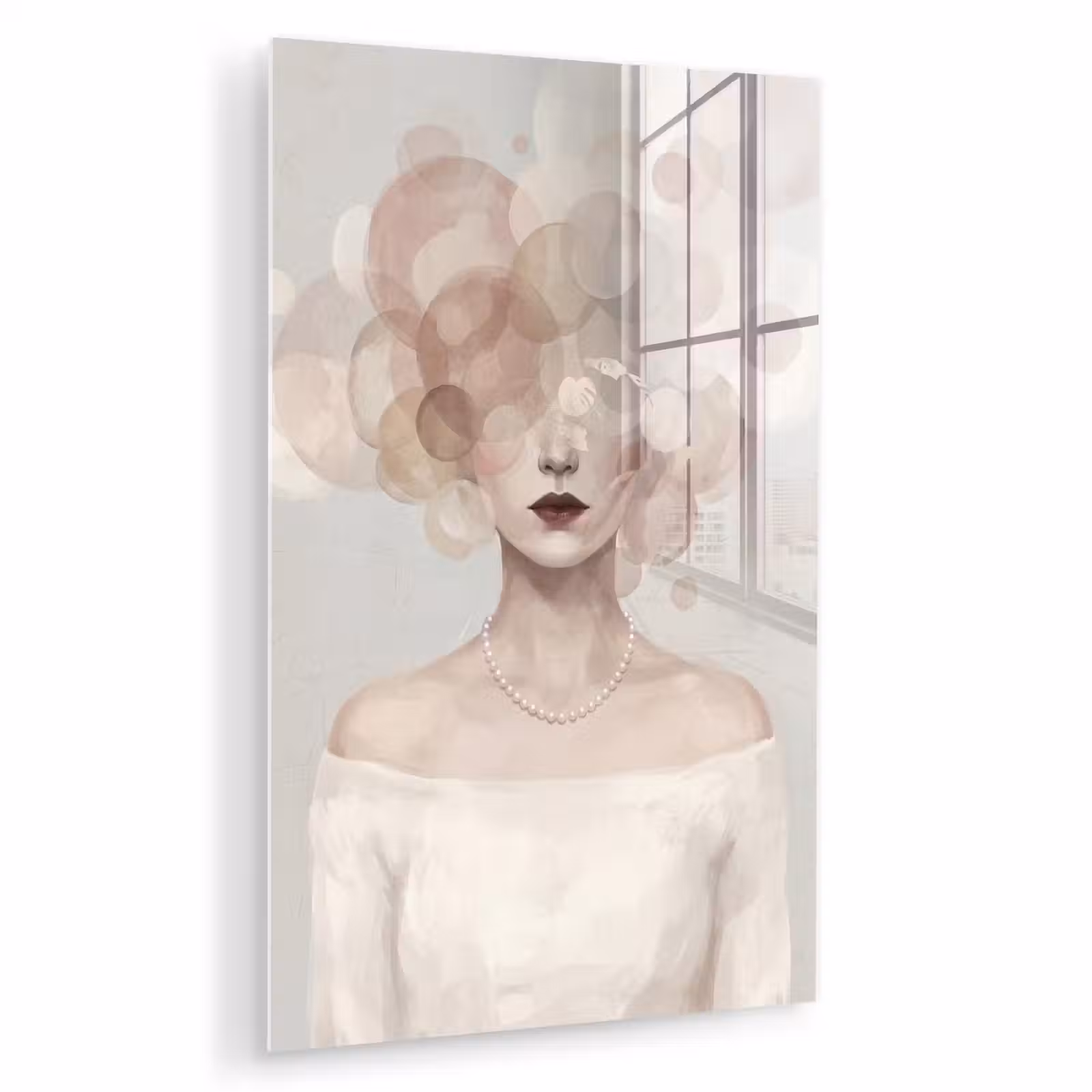 Glas schilderij - Vrouw - Cirkels - Beige — 1