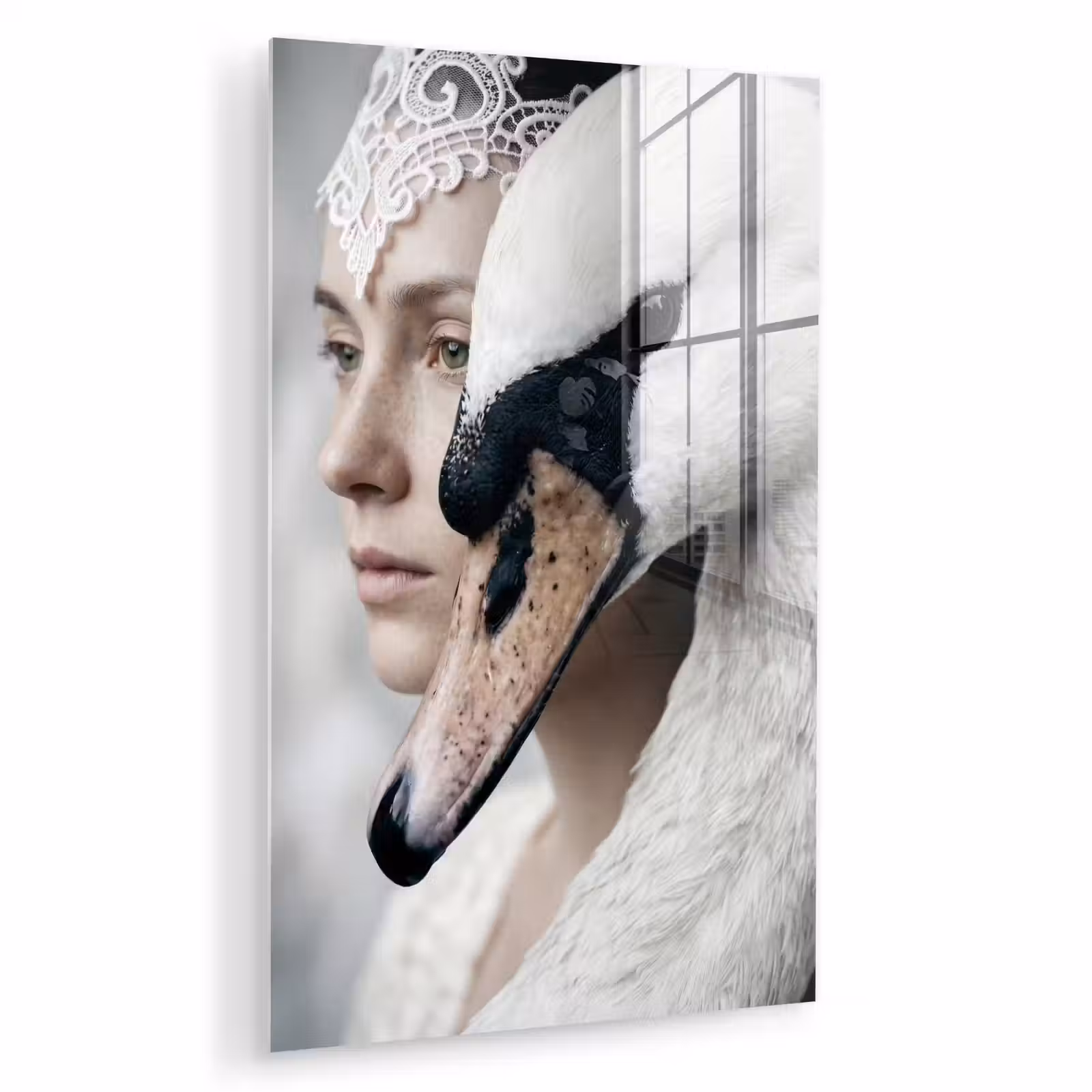 Glas schilderij - Vrouw - Zwaan - Wit — 1