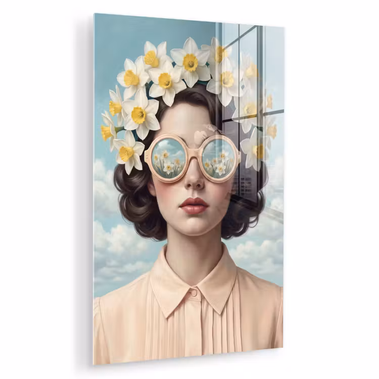 Glas schilderij - Vrouw - Narcissen - Geel — 1